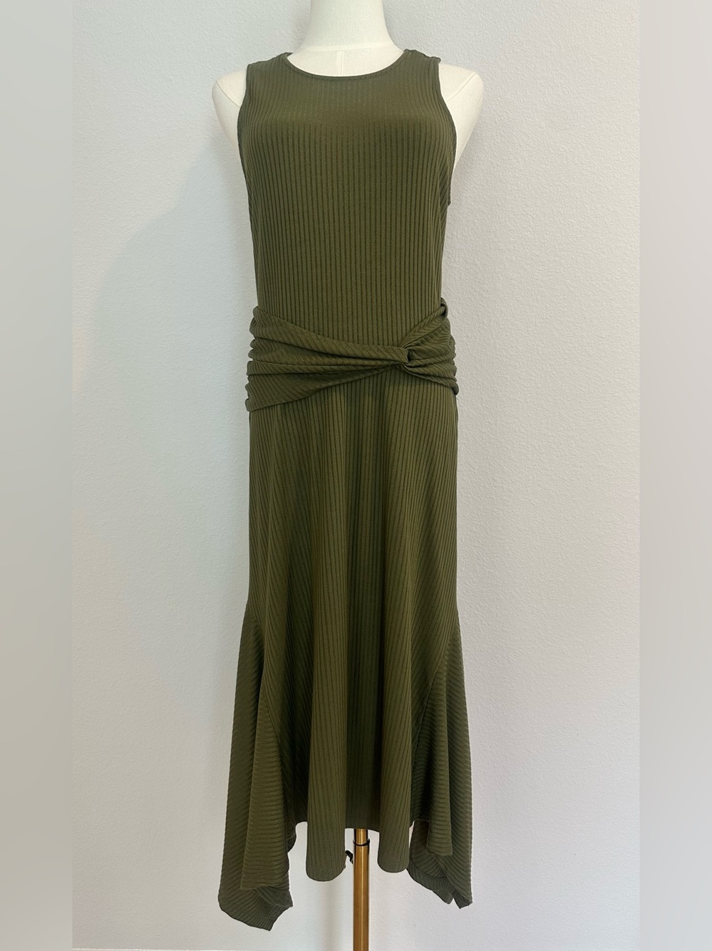 Anthropologie by Anthropologie Olive Ribbed Twist Waist Midi Dress Size L
